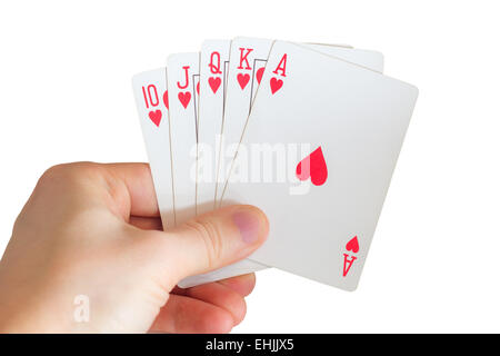 Man's hand holding cinq cartes à jouer (quinte/flush royal de coeur), isolé sur fond blanc Banque D'Images