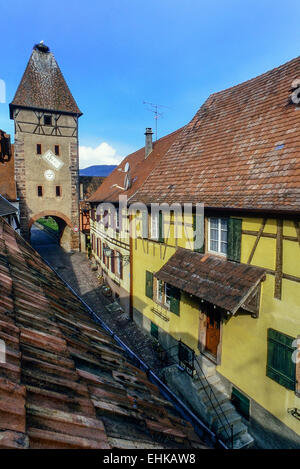 Obertor old gate tower, Grand'Rue. Ammerschwihr. L'Alsace. France Banque D'Images