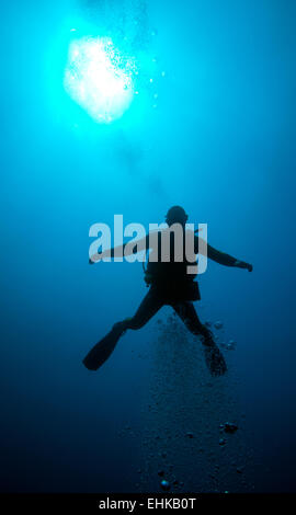 Silhouette de plongeur avec disque solaire derrière Banque D'Images