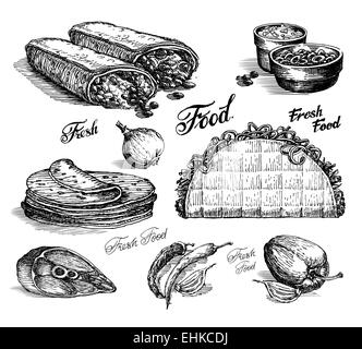 Restauration rapide. burritos et tacos sur fond blanc. croquis Banque D'Images