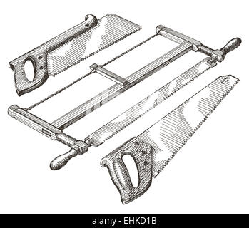 Outils, scie, scie à métaux sur un fond blanc. menuiserie. sketch Banque D'Images