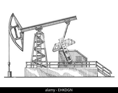 Bascule d'huile, pompe à huile sur un fond blanc. croquis Banque D'Images