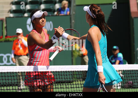 Indian Wells, le 15 mars 2015, joueur de tennis britannique Heather Watson bat Agnieszka Radwanska (Pologne) dans la 3e ronde de la féministe des célibataires au BNP Paribas Open (score 6-4 6-4). Credit : Werner - Photos/Alamy Live News Banque D'Images