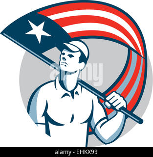 Illustration d'un commerçant, un homme tenant un patriote,USA stars and stripes flag sur l'ensemble de l'épaule à l'intérieur du cercle isolées sur fond blanc. Banque D'Images