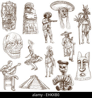 Billet série : MEXIQUE - Collection d'un hand drawn illustrations. Description : Grand hand drawn illustrations originales, fr Banque D'Images