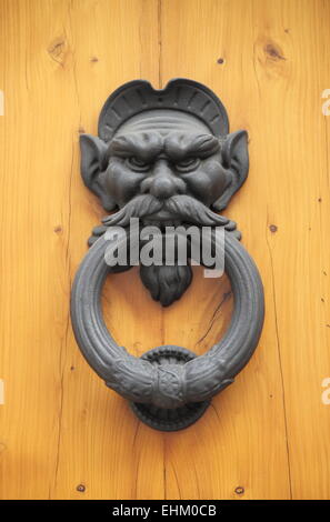 Tête de lion en bronze knocker sur une porte en bois Banque D'Images