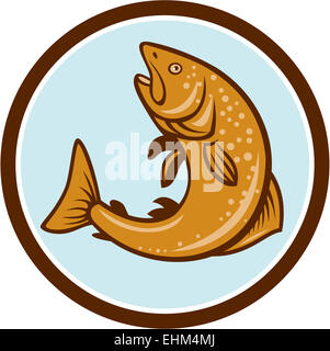 Illustration d'un arc-en-ciel Truite brune spotted fish jumping vu du côté situé à l'intérieur du cercle sur fond isolé fait en style cartoon. Banque D'Images