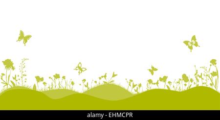 Paysage de printemps avec pelouse et fleurs silhouette vecteur d'arrière-plan Illustration de Vecteur