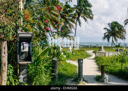 Caye Caulker Cemetary par la plage et des cabines téléphoniques Banque D'Images