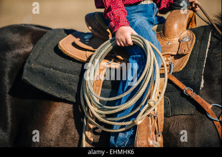 Young boy exerçant son lasso et riding horse Banque D'Images