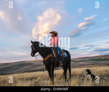 Caucasian woman sitting on horse in grassy field Banque D'Images