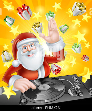 Cartoon Noël père DJ à la notice ponts avec des cadeaux de Noël présente dans l'arrière-plan Banque D'Images