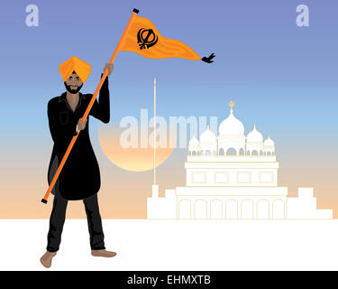 Une illustration d'un fier homme sikh vêtue d'un Salwar Kameez noir avec le drapeau Sikh Nishan Sahib Banque D'Images