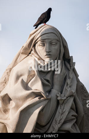 Un pigeon se trouve sur la tête du Monumento di Santa Caterina, Lungotevere Castello, Rome, Lazio, Italie. Banque D'Images
