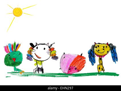 Enfants colorée de l'illustration d'un abstract cat, cochon, Peacock et girafe Illustration de Vecteur