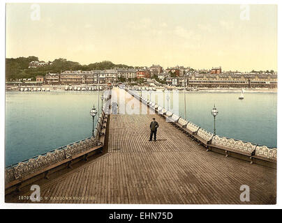 Cette photographie montre la vue depuis la jetée de Sandown, île de Wight, capturant la beauté pittoresque de la côte et du paysage environnant. L'image offre un aperçu de l'atmosphère tranquille de cet endroit balnéaire britannique populaire. Banque D'Images