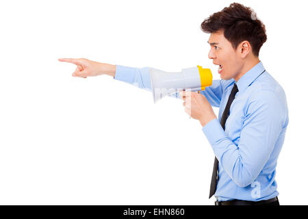 Angry businessman using megaphone isolated on white Banque D'Images