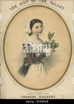 Cette œuvre d'art vintage intitulée 'Lily of the Valley Valse a deux temps' est une représentation du mouvement gracieux et de l'élégance d'une valse, inspirée par la beauté délicate des fleurs de lys. La pièce capture probablement un thème romantique ou symbolique. Banque D'Images