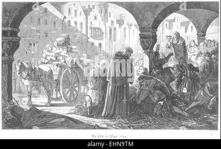 Page 385 de l’œuvre de Bermann de 1880, représentant la peste à Vienne en 1348. L’illustration met en évidence les impacts sociaux et sanitaires de la pandémie sur la ville. Banque D'Images