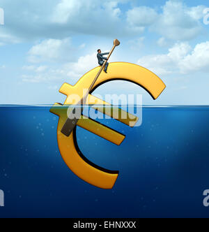 Euro concept financier d'orientation de l'icône d'argent flottant dans l'eau avec un homme d'affaires à l'aide d'une rame pour diriger et guider le symbole économique. Banque D'Images