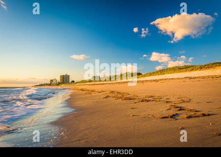 Les vagues sur la plage de Coral Cove Park au lever du soleil, Jupiter Island, en Floride. Banque D'Images