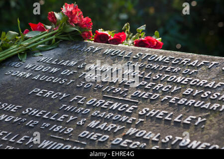 Roses rouges sur la tombe de Mary Shelley, Mary Wollstonecraft Shelley auteur de Frankenstein, à l'église St Peters, Bournemouth, Dorset, Royaume-Uni Banque D'Images
