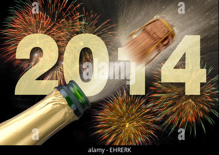 Bonne année 2014 avec popping champagne Banque D'Images