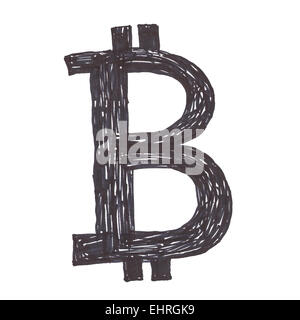 Symbole des bitcoins, fait main dessin noir d'un cryptocurrency numérique, lettre B sur fond blanc. Banque D'Images