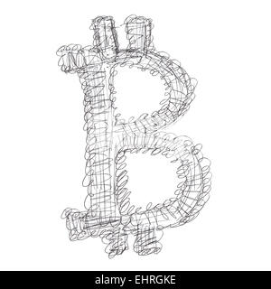 Bitcoin enchevêtrées, symbole d'un dessin fait main cryptocurrency numérique, lettre B sur fond blanc. Banque D'Images