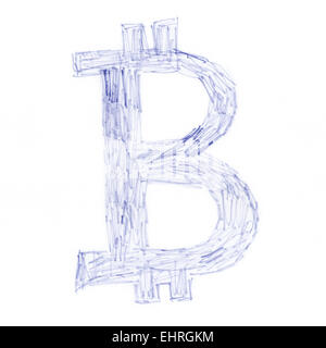 Bitcoin Scrawl symbole, d'un dessin fait main cryptocurrency numérique, lettre B sur fond blanc. Banque D'Images