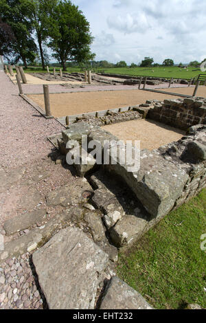 Vue pittoresque de Birdoswald Roman Fort les fondations des bâtiments et les ruines sur le mur d'Hadrien, route à Gilsland. Banque D'Images