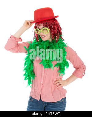 Femme en costume de carnaval avec perruque et Bowler, isolé sur fond blanc Banque D'Images