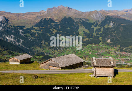 Trois cabines au-dessus de la vallée de Grindelwald en Suisse. Banque D'Images