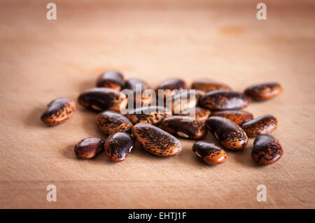 'Belle Dame' haricots déshydratés pour semer, sur planche de bois Banque D'Images