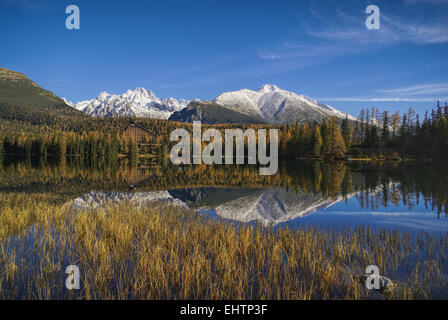 Vue pittoresque des Hautes Tatras en Slovaquie reflétée à la surface d'un lac de Štrbské Pleso Banque D'Images