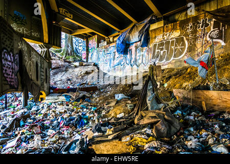 Corbeille et graffiti sous le pont de la rue Howard à Baltimore, Maryland. Banque D'Images