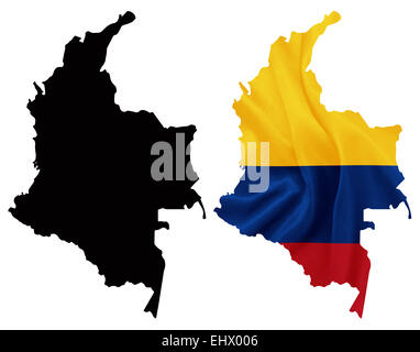 Colombie - en agitant le drapeau national de la carte contour avec la texture de la soie Banque D'Images