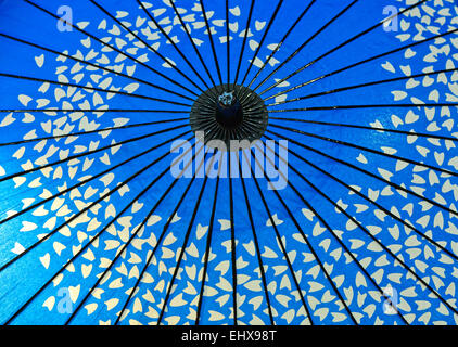 Huile bleu traditionnel parapluie de papier, de style japonais avec des pétales de fleur de cerisier, Japon Banque D'Images