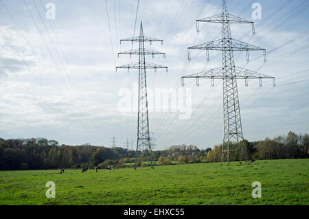 L'électricité à haute tension, câbles de Leichlingen, Allemagne. Banque D'Images