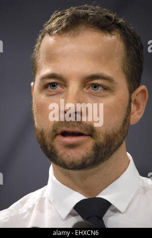 Copenhague, Danemark. 18 mars, 2015. Morten Ostergaard, accueil et le ministre de l'économie et vice-premier ministre et président de parti politique libéral radical à conférence de presse conjointe à Christiansburg. Crédit : François doyen/Alamy Live News Banque D'Images