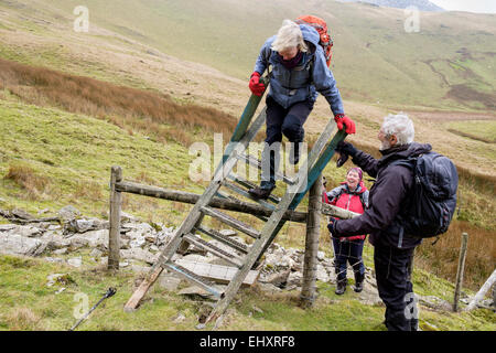 Randonneur sur une escalade difficile échelle bleu chevrotant stile sur Foel Goch colline dans le parc national de Snowdonia au nord du Pays de Galles Royaume-uni Grande-Bretagne Banque D'Images