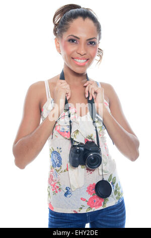 Girl-photographe prend s'enclenche, isolated on white Banque D'Images