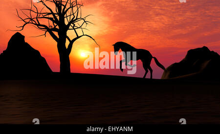Illustration d'un cheval qui s'exécute sous le coucher du soleil dans le désert Banque D'Images
