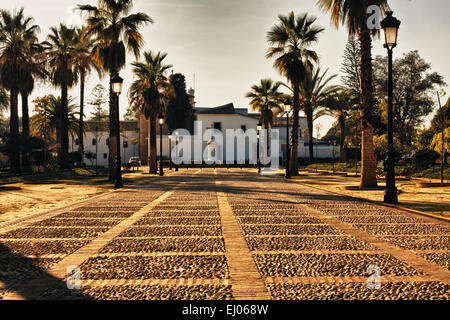 Monastère de La Rabida Gardens au coucher du soleil, Huelva, Espagne Banque D'Images