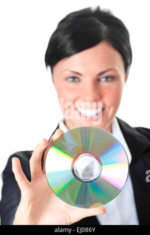 Notre nouveau logiciel. Woman holding compact disc. Tête et épaules Banque D'Images