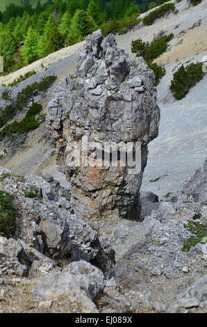 La Suisse, l'Europe, Grisons, Grisons, parc national, Engadine, basse-engadine, Zernez, Murtaröl, rock, falaise, points, cheminée Banque D'Images