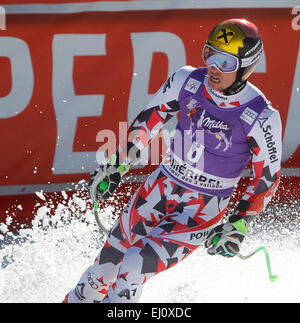 Meribel, France. 19 mars, 2015. Marcel Hirscher réagit dans l'aire d'arrivée de la Coupe du Monde de Ski Alpin FIS men's Super-G race le 19 mars 2015 à Meribel, France. (Photo de Mitchell Gunn/ESPA/Alamy Live News) Banque D'Images