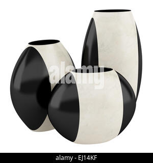 Trois vases en céramique beige et noir isolé sur fond blanc Banque D'Images