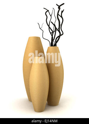 Trois vases brun avec du bois sec isolated on white Banque D'Images