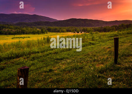Coucher du soleil à Cade's Cove, parc national des Great Smoky Mountains, New York. Banque D'Images